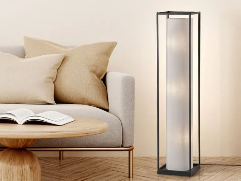 LED Stehlampe mit Lampenschirm Zylinder Leinen Weiß, Höhe 115cm