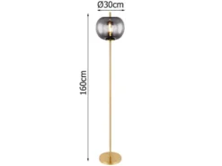 LED Stehlampe mit Rauchglas Lampenschirm Ø 30cm, Metall Messing