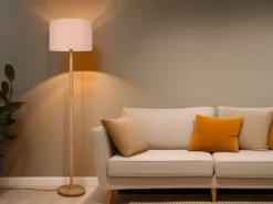 LED Stehlampe mit Stoff Lampenschirm Weiß & Holz Fuß Höhe 162cm