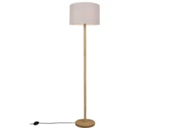 LED Stehlampe mit Stoff Lampenschirm Weiß & Holz Fuß Höhe 162cm
