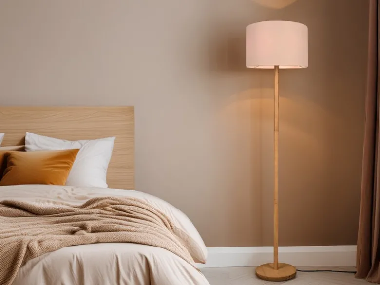 LED Stehlampe mit Stoff Lampenschirm Weiß & Holz Fuß Höhe 162cm