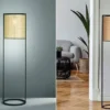 LED Stehlampe Schwarz mit Lampenschirm rund Rattan Optik, Höhe 150cm