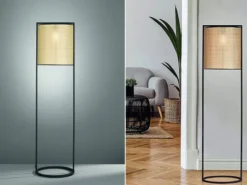 LED Stehlampe Schwarz mit Lampenschirm rund Rattan Optik, Höhe 150cm