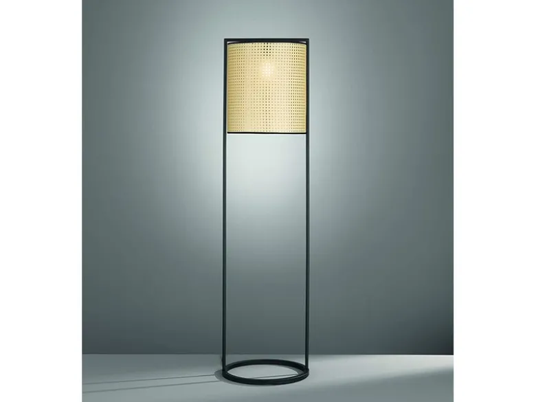 LED Stehlampe Schwarz mit Lampenschirm rund Rattan Optik, Höhe 150cm