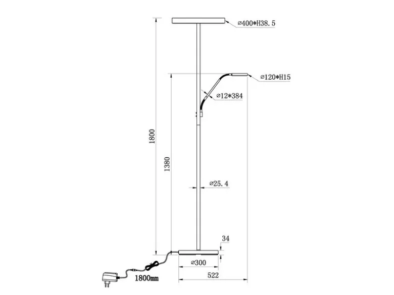 LED Stehlampe WILLIS mit Leselampe, dimmbar, 3 Lichtfarben, Schwarz, 180cm groß