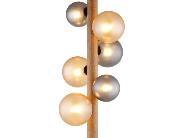 LED Stehleuchte aus Holz 6-flammig Glaskugeln Rauchglas & Bernstein, H: 150cm
