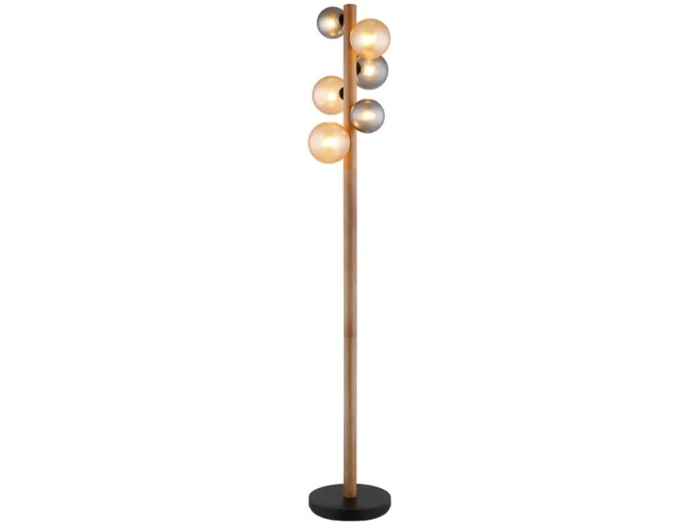 LED Stehleuchte aus Holz 6-flammig Glaskugeln Rauchglas & Bernstein, H: 150cm