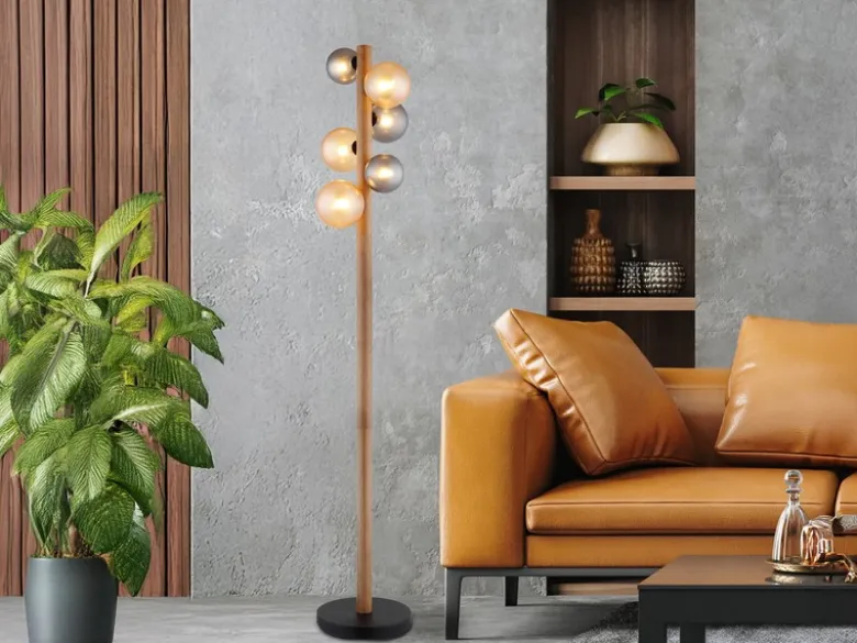 LED Stehleuchte aus Holz 6-flammig Glaskugeln Rauchglas & Bernstein, H: 150cm