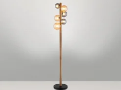 LED Stehleuchte aus Holz 6-flammig Glaskugeln Rauchglas & Bernstein, H: 150cm
