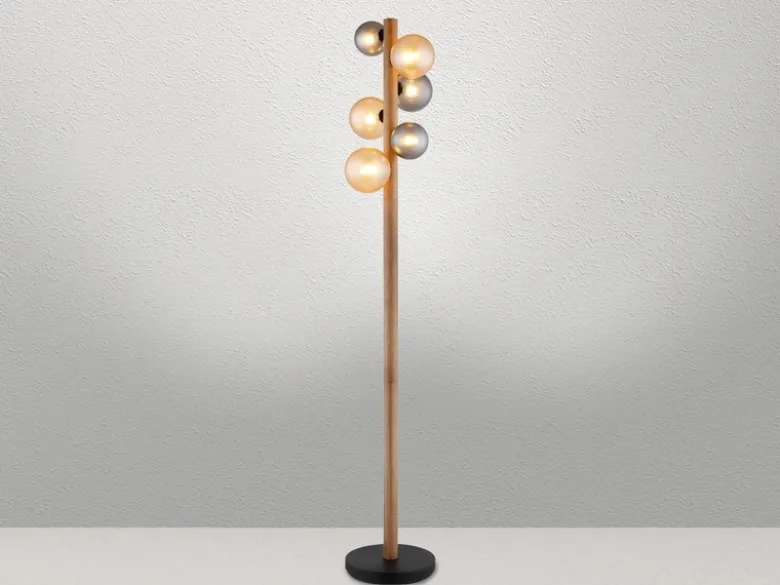 LED Stehleuchte aus Holz 6-flammig Glaskugeln Rauchglas & Bernstein, H: 150cm