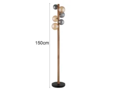 LED Stehleuchte aus Holz 6-flammig Glaskugeln Rauchglas & Bernstein, H: 150cm