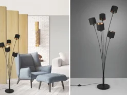 LED Stehleuchte 5 flammig Metall, Stoffschirm Schwarz Gold, Höhe 163cm