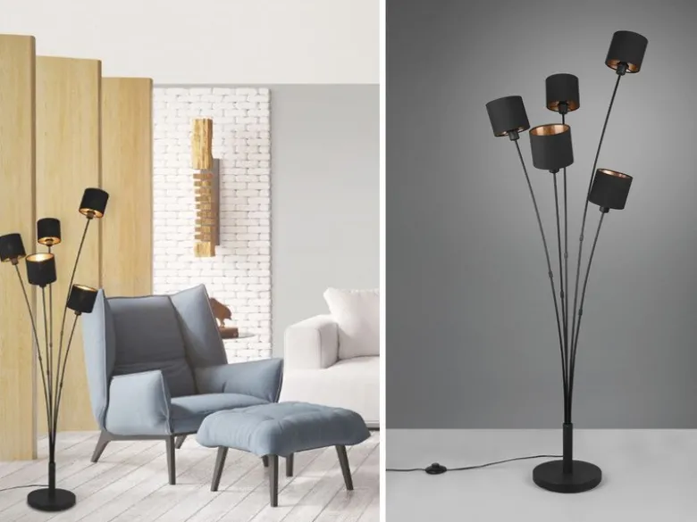 LED Stehleuchte 5 flammig Metall, Stoffschirm Schwarz Gold, Höhe 163cm