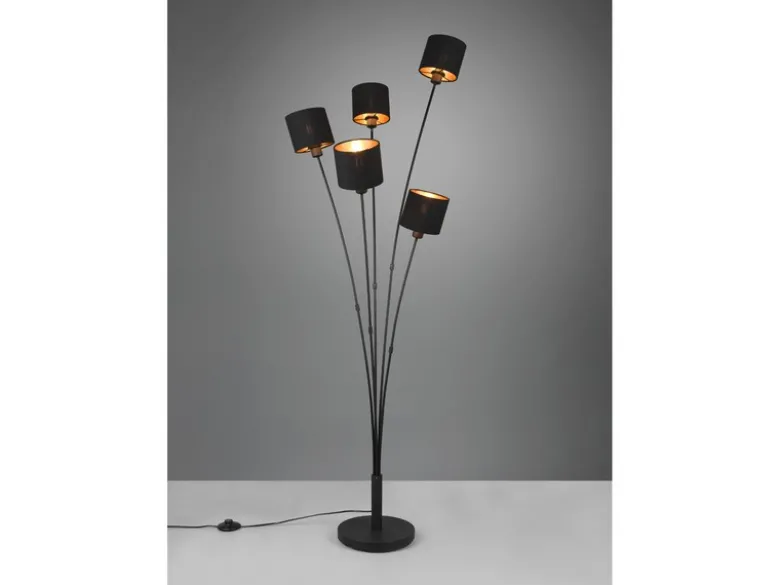 LED Stehleuchte 5 flammig Metall, Stoffschirm Schwarz Gold, Höhe 163cm