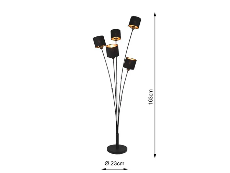 LED Stehleuchte 5 flammig Metall, Stoffschirm Schwarz Gold, Höhe 163cm