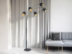 LED Stehleuchte 5 flammig Metall Stoffschirm Schwarz/Gold, Höhe 200cm