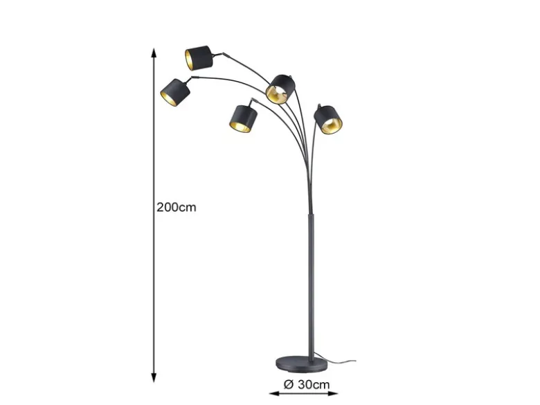 LED Stehleuchte 5 flammig Metall Stoffschirm Schwarz/Gold, Höhe 200cm