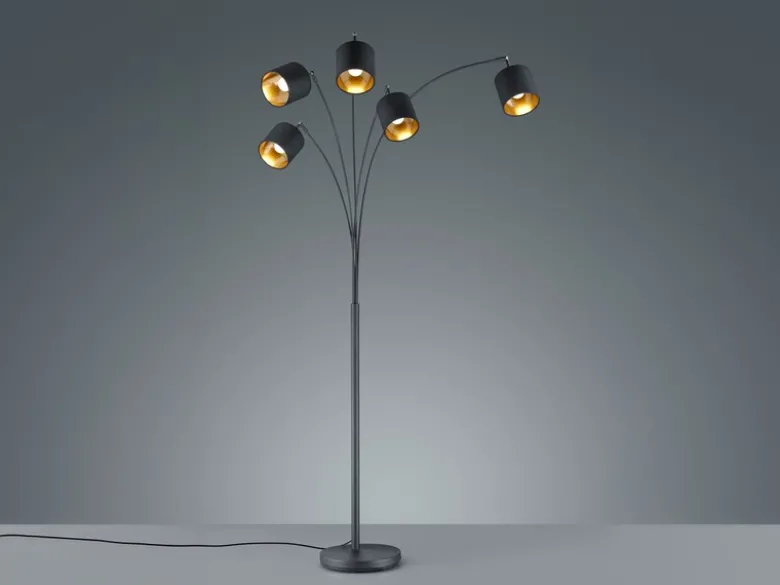 LED Stehleuchte 5 flammig Metall Stoffschirm Schwarz/Gold, Höhe 200cm