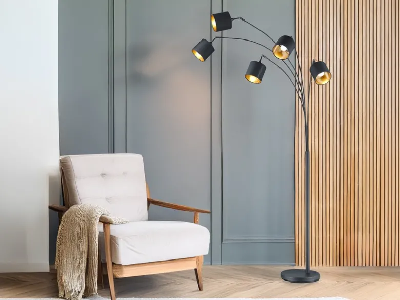 LED Stehleuchte 5 flammig Metall Stoffschirm Schwarz/Gold, Höhe 200cm