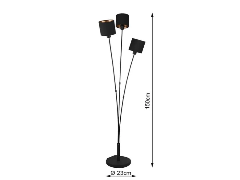 LED Stehleuchte 3 flammig Metall, Stoffschirm Schwarz Gold, Höhe 150cm