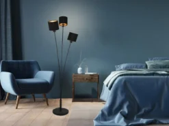 LED Stehleuchte 3 flammig Metall, Stoffschirm Schwarz Gold, Höhe 150cm