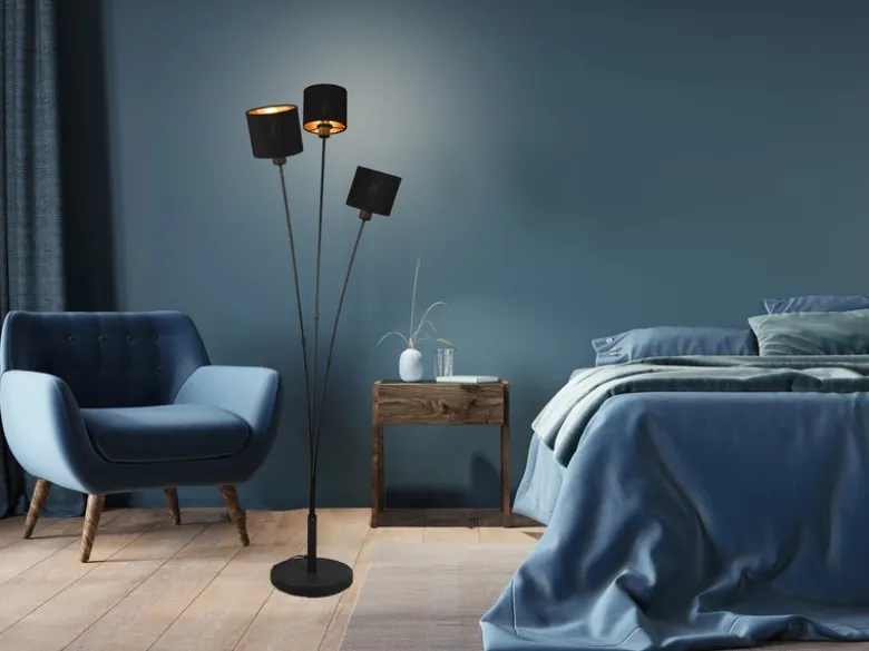 LED Stehleuchte 3 flammig Metall, Stoffschirm Schwarz Gold, Höhe 150cm