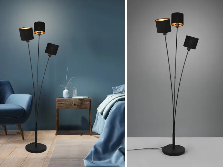 LED Stehleuchte 3 flammig Metall, Stoffschirm Schwarz Gold, Höhe 150cm