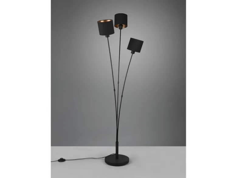 LED Stehleuchte 3 flammig Metall, Stoffschirm Schwarz Gold, Höhe 150cm