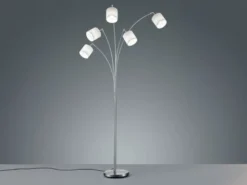 LED Stehleuchte 5 flammig Metall Silber Stoffschirm Weiß, Höhe 200cm