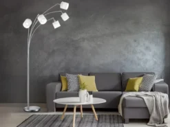 LED Stehleuchte 5 flammig Metall Silber Stoffschirm Weiß, Höhe 200cm