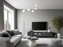 LED Stehleuchte 5 flammig Metall Silber Stoffschirm Weiß, Höhe 200cm