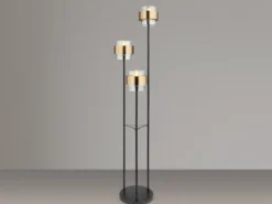 LED Stehleuchte 3-flammig mit Rauchglas und Messingringen, Ø43cm