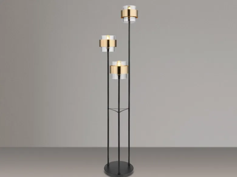 LED Stehleuchte 3-flammig mit Rauchglas und Messingringen, Ø43cm