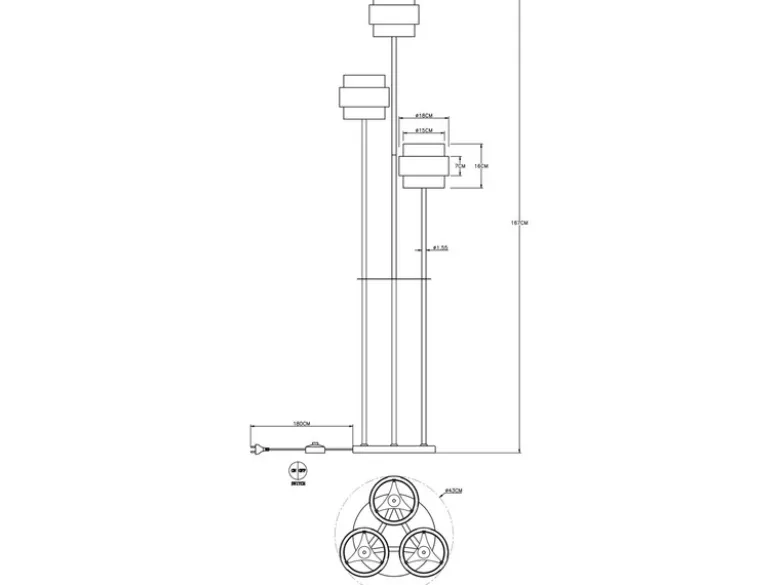 LED Stehleuchte 3-flammig mit Rauchglas und Messingringen, Ø43cm