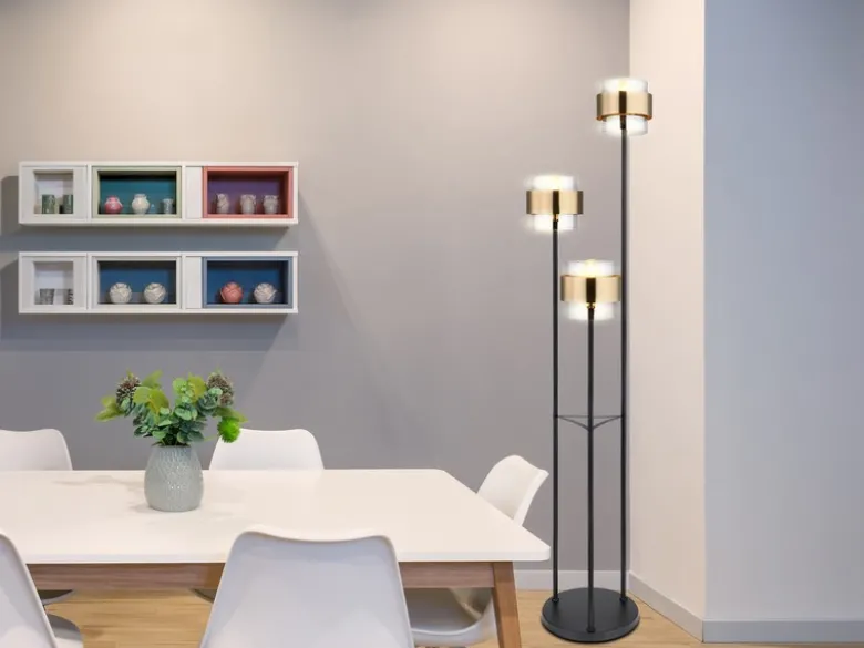 LED Stehleuchte 3-flammig mit Rauchglas und Messingringen, Ø43cm