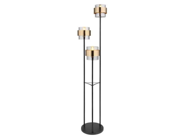 LED Stehleuchte 3-flammig mit Rauchglas und Messingringen, Ø43cm