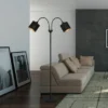LED Stehleuchte 2 flammig, Stoffschirme Schwarz Gold, Höhe 130cm