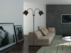 LED Stehleuchte 2 flammig, Stoffschirme Schwarz Gold, Höhe 130cm