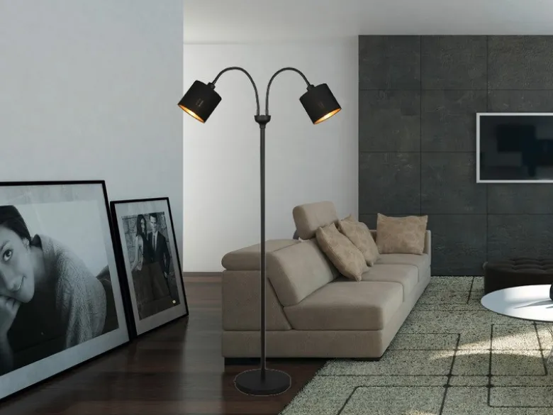 LED Stehleuchte 2 flammig, Stoffschirme Schwarz Gold, Höhe 130cm
