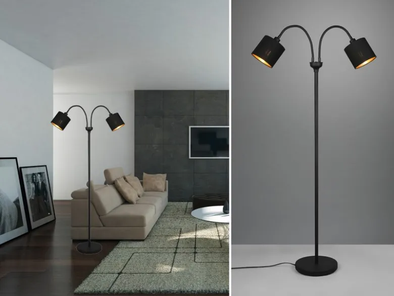 LED Stehleuchte 2 flammig, Stoffschirme Schwarz Gold, Höhe 130cm