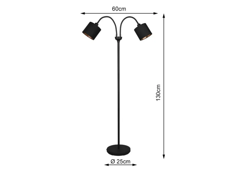 LED Stehleuchte 2 flammig, Stoffschirme Schwarz Gold, Höhe 130cm