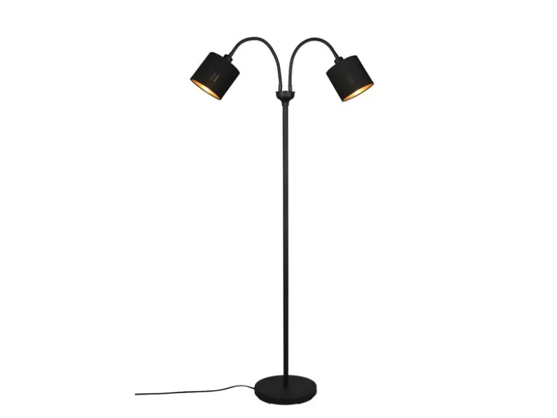 LED Stehleuchte 2 flammig, Stoffschirme Schwarz Gold, Höhe 130cm