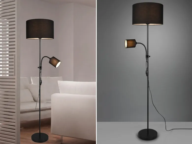 LED Stehleuchte Flexarm Leselicht Metall & Stoffschirme Schwarz Höhe 160cm