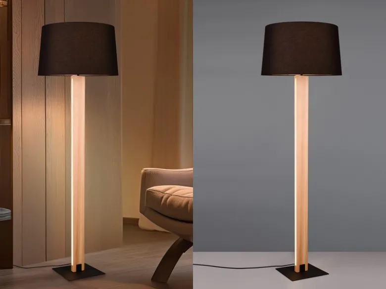 LED Stehleuchte mit beleuchtetem Holzkorpus und Stoffschirm, H: 150cm