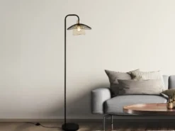LED Stehleuchte mit Gitter Lampenschirm Schwarz Gold, Höhe 155cm