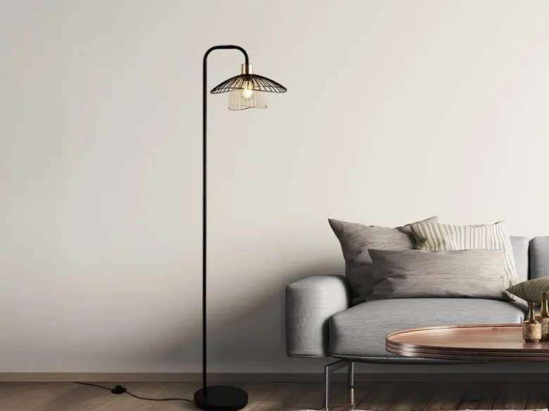 LED Stehleuchte mit Gitter Lampenschirm Schwarz Gold, Höhe 155cm