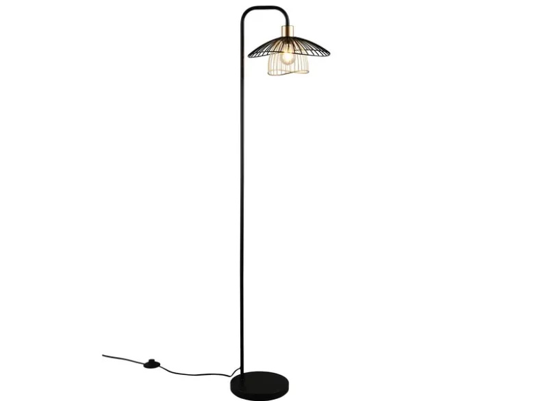 LED Stehleuchte mit Gitter Lampenschirm Schwarz Gold, Höhe 155cm