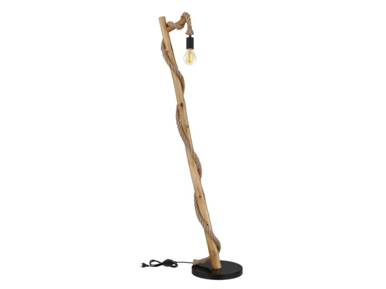 LED Stehleuchte mit Hanfseil und Holzstab, Höhe 150cm