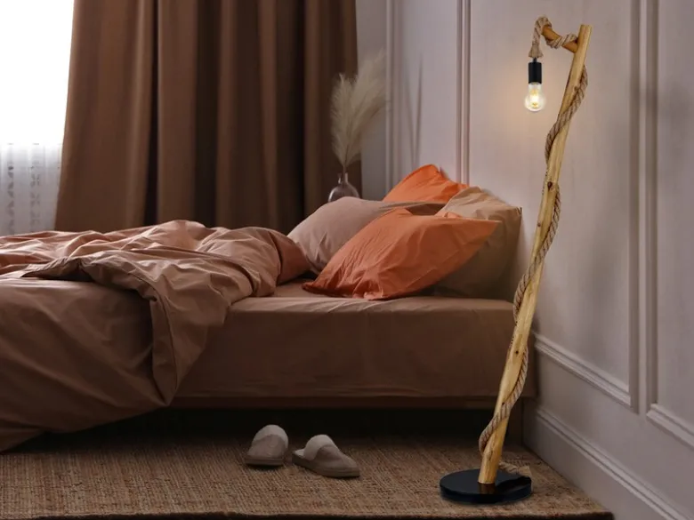 LED Stehleuchte mit Hanfseil und Holzstab, Höhe 150cm