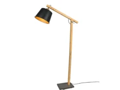 LED Stehleuchte mit Holz und Metall Lampenschirm Schwarz-Gold, Höhe 156cm